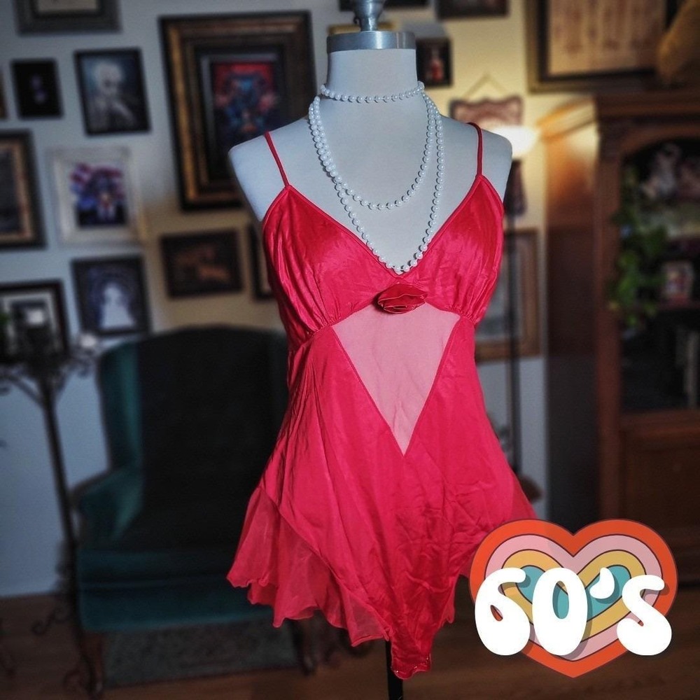 Jeanelle Teddy Lingerie‎ Vintage 1960s Red Sheer Chiffon Nylon Chemise Romper